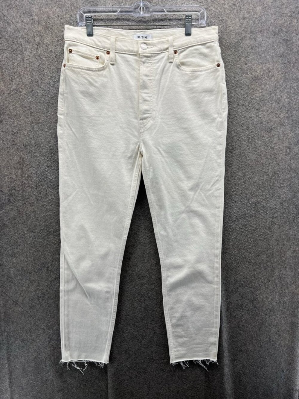 RE/DONE 90s High Rise Ankle Crop Jeans Womens 30 White Slim Fringe Hem Denim